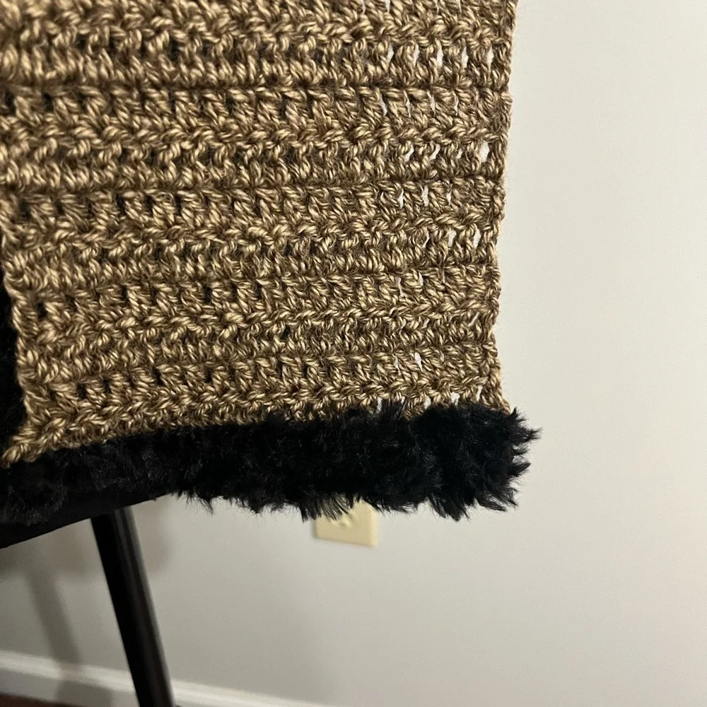 NWT Crochet Brown Scarf with Faux Fur Black Trim, Perfect Winter Wear, Warm Cozy